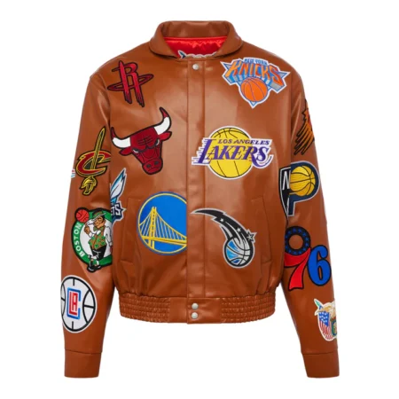 Elbarbashat NBA COLLAGE VEGAN LEATHER JACKET CAMEL