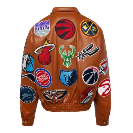 Elbarbashat NBA COLLAGE VEGAN LEATHER JACKET CAMEL