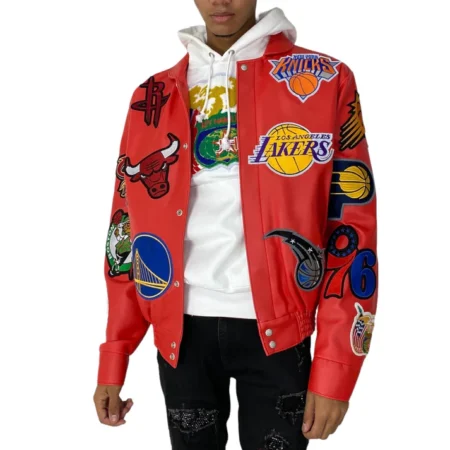 El Barbas Nba Collage Vegan Leather Jacket Red