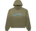 Faded olive green 100% cotton fleece hoodie with a plain back, ribbed cuffs, and a hem. STUDDED OG LOGO V2 HOODIE