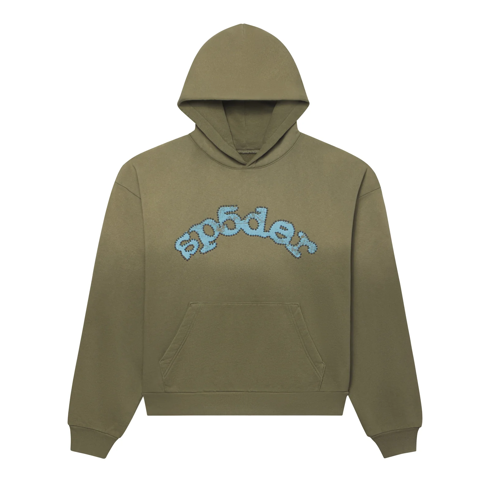 Faded olive green 100% cotton fleece hoodie with a plain back, ribbed cuffs, and a hem. STUDDED OG LOGO V2 HOODIE